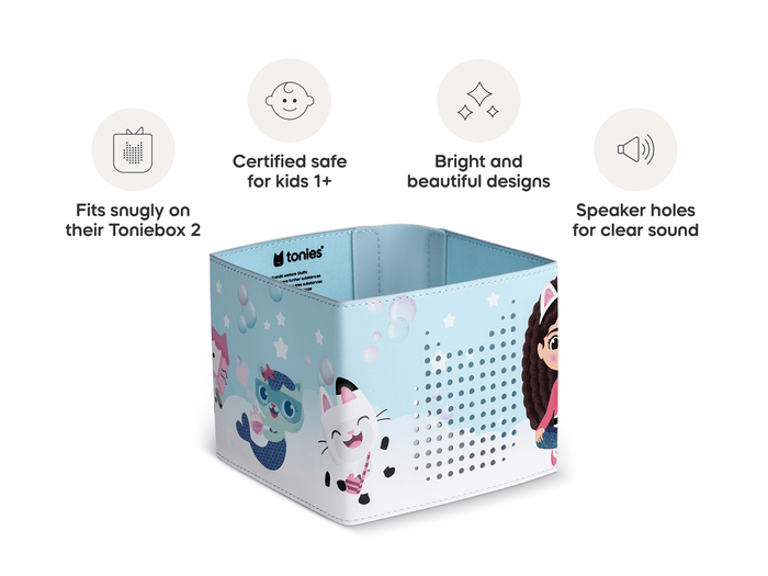 Gabby's Dollhouse Sleeve is in our line of sleeves that are compatible with Toniebox 2 which are easy to clean, 1+, and include bright and fun designs