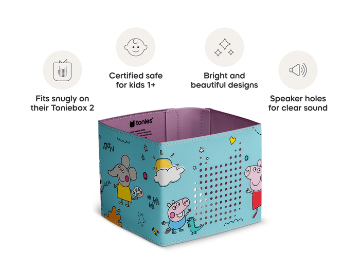 Peppa Pig Sleeve is in our line of sleeves that are compatible with Toniebox 2 which are easy to clean, 1+, and include bright and fun designs