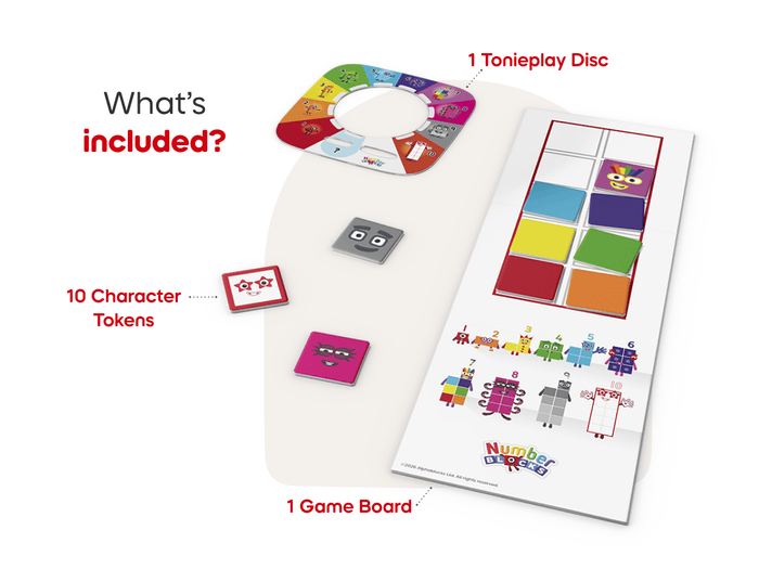 Tonieplay Numberblocks Learning Adventures includes Tonieplay Disc, and game board with 10 character tokens