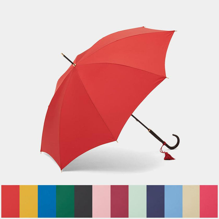 Red long umbrella with curved wooden handle and tassel | Tokyo Umbrella, Maehara Koei Shoten