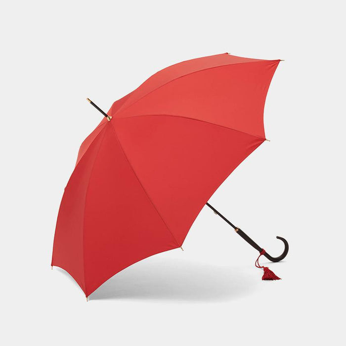 Red women's umbrella with curved wooden handle and tassel | Tokyo Umbrella, Maehara Koei Shoten