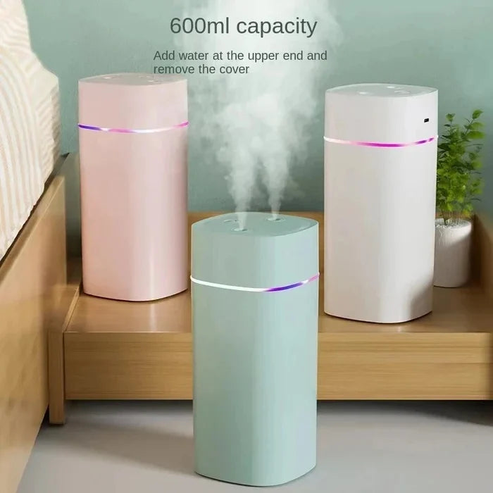 USB Dual Nozzle Humidifier｜600ml/H Large Mist Ultra Quiet Portable Moisturizer for Home Car Desk
