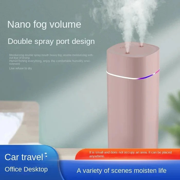 USB Dual Nozzle Humidifier｜600ml/H Large Mist Ultra Quiet Portable Moisturizer for Home Car Desk