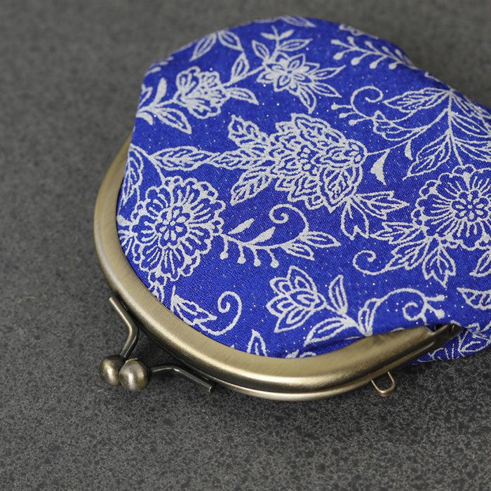 Blue floral Kyoto Yuzen silk coin purse with brass kiss-lock clasp | Morphosphere
